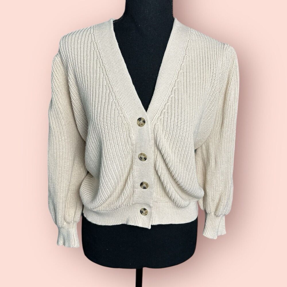 Evereve Tatum Cropped Puff Sleeve Chunky Knit Cardigan Sweater Tan Beige Large